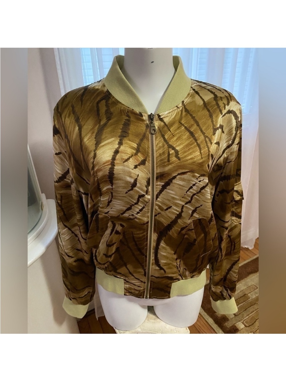 SilkLand Olive and Brown Animal-Print Bomber Jacket